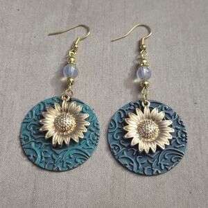 Boho sunflower gold tone patina earrings